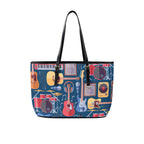 Music Instruments Blue - Leather Tote Bag-Large
