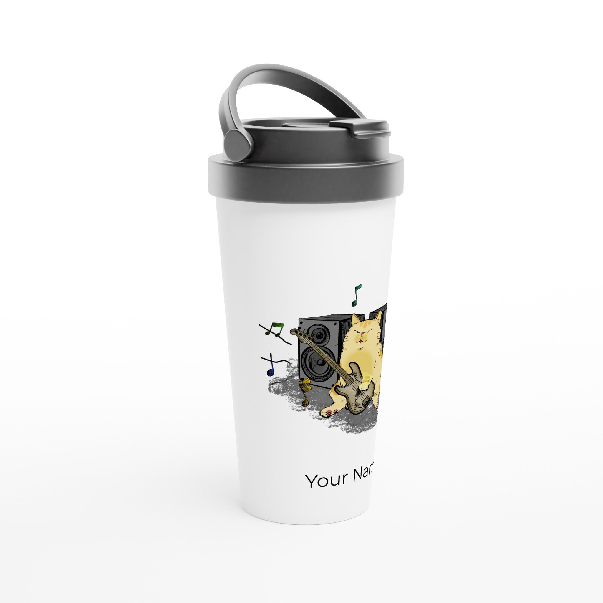 Personalised - Cat Bass Player - White 15oz Stainless Steel Travel Mug Personalised Travel Mug animal Customise Globally Fulfilled Music Personalise