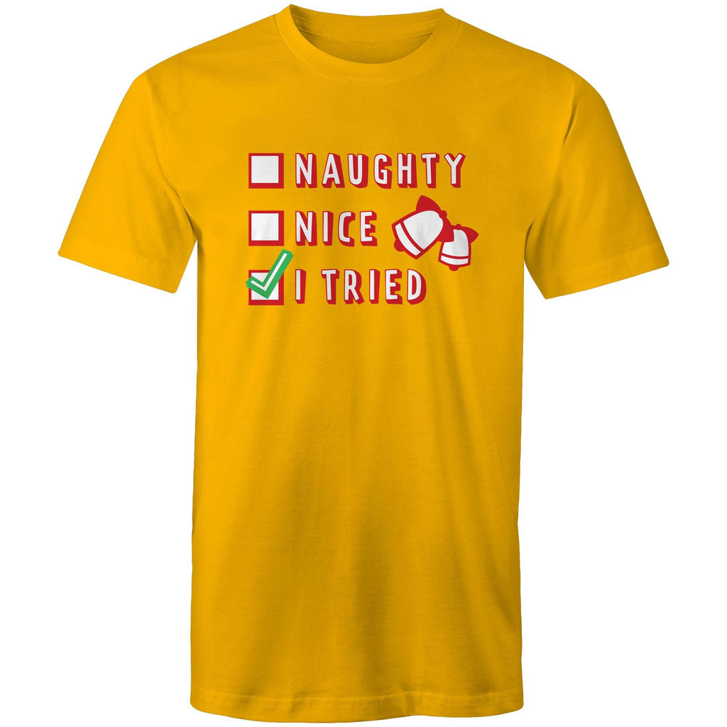Santa's List, Naught, Nice, I Tried, Christmas - Mens T-Shirt Gold Mens Christmas T-shirt Christmas Printed In Australia