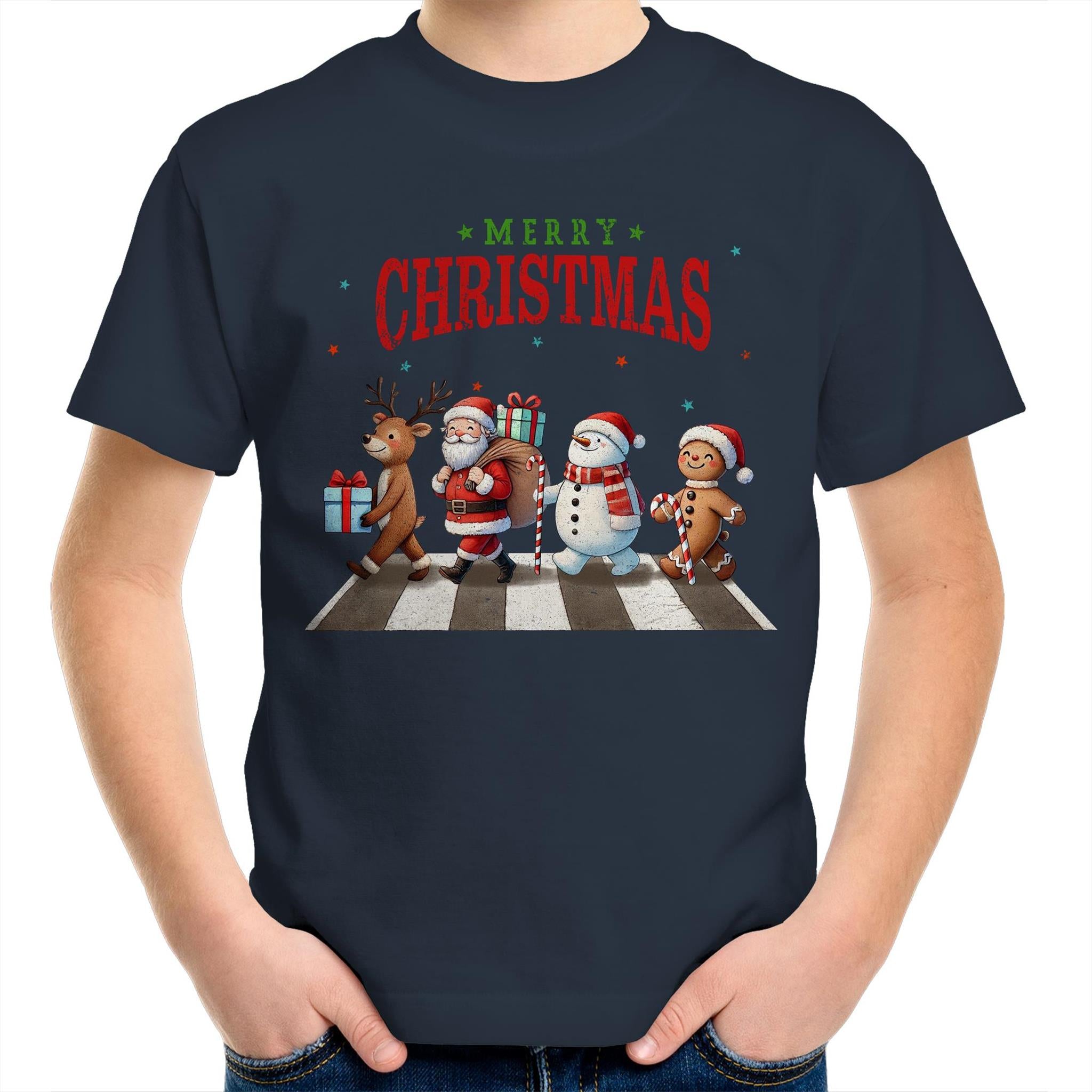 Fab Four, Merry Christmas - Kids Youth T-Shirt Navy Kids Christmas T-shirt Christmas Printed In Australia