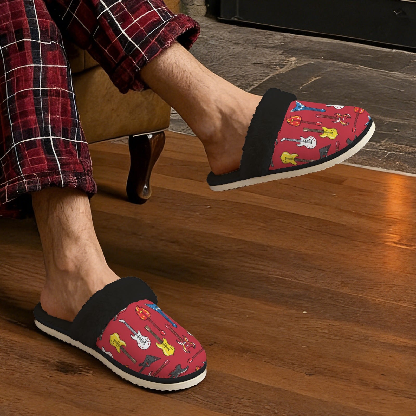 Guitars On Red Men's Fur Trim Thick-Sole Indoor Slippers Men's Fur Trimmed Slippers Music Printed Offshore