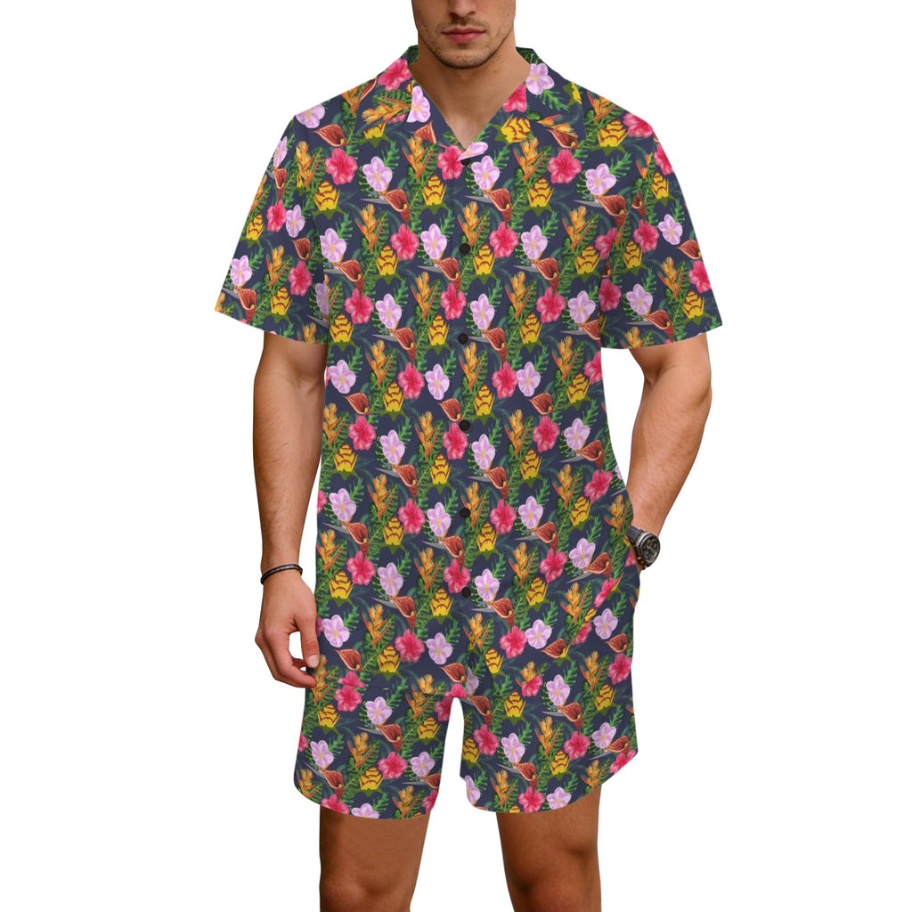 Tropical Floral Men's Hawaiian Shirt & Shorts Set Men's Hawaiian Shirt & Shorts Set Plants Printed Offshore