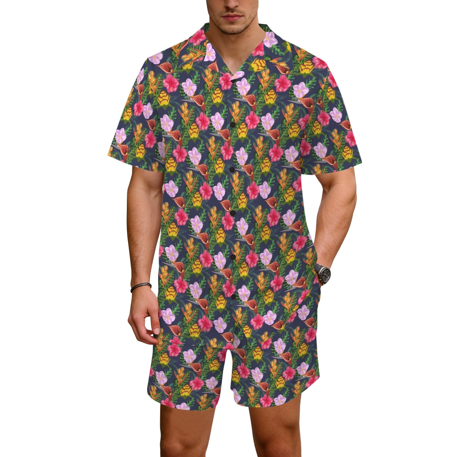 Tropical Floral Men's Hawaiian Shirt & Shorts Set Men's Hawaiian Shirt & Shorts Set Plants Printed Offshore