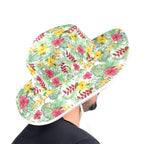Tropical Flowers On White Wide Brim Bucket Hat Wide Brim Bucket Hat Plants Printed Offshore