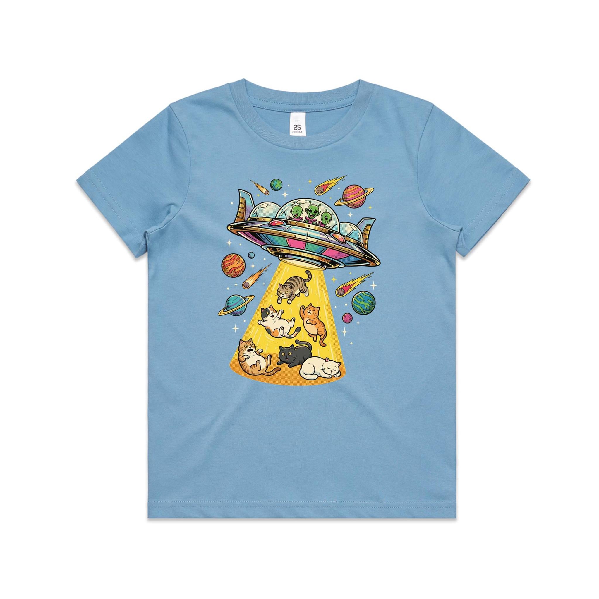 UFO Cat Abduction - Kid's AS Colour T-shirt Carolina Blue Kids Youth T-shirt animal Printed In Australia Sci Fi