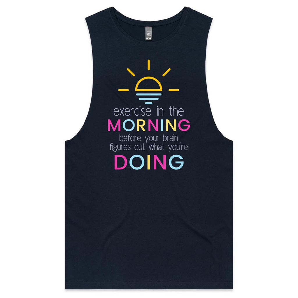 Exercise In The Morning - Tank Top Tee Navy Drop Arm Tank Top Fitness Printed In Australia