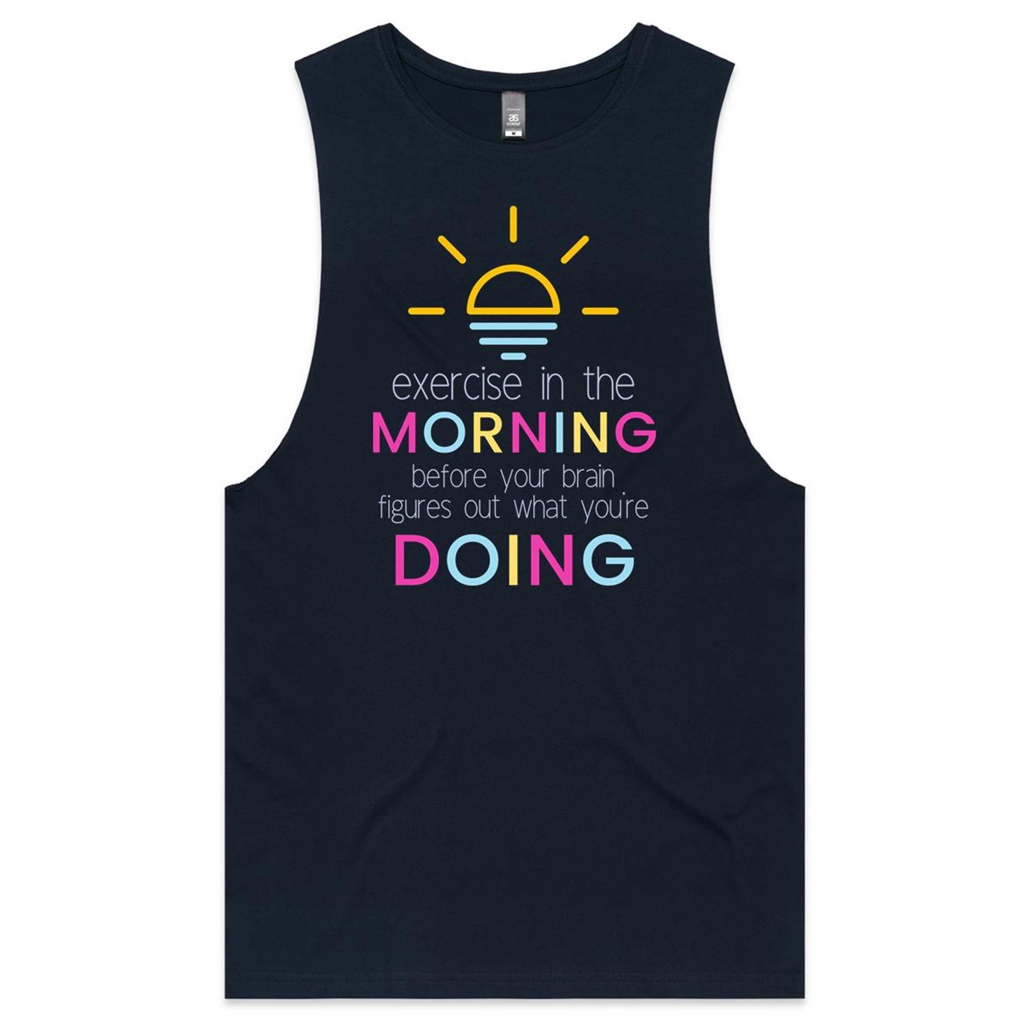 Exercise In The Morning - Tank Top Tee Navy Drop Arm Tank Top Fitness Printed In Australia
