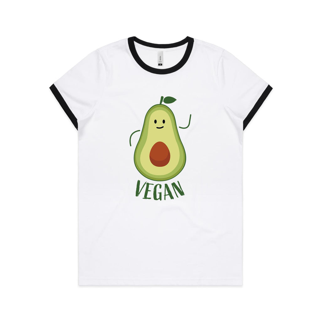 Vegan, Avocado - Women's Ringer Tee White Black Womens Ringer T-shirt Food Printed In Australia