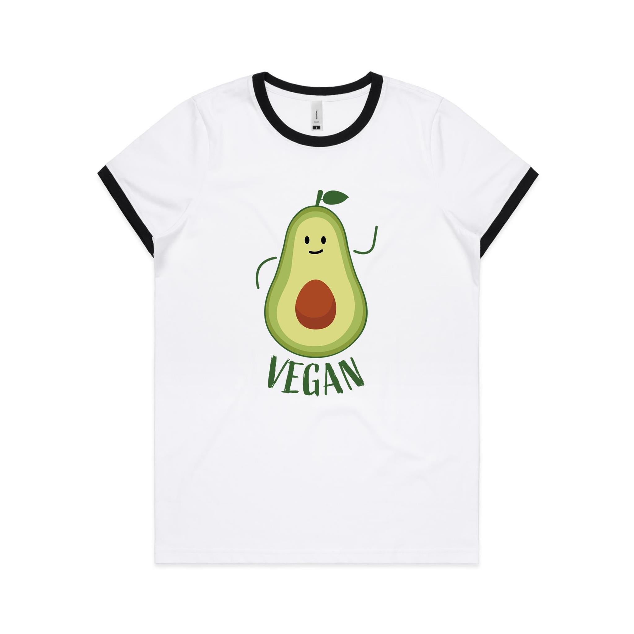 Vegan, Avocado - Women's Ringer Tee White Black Womens Ringer T-shirt Food Printed In Australia