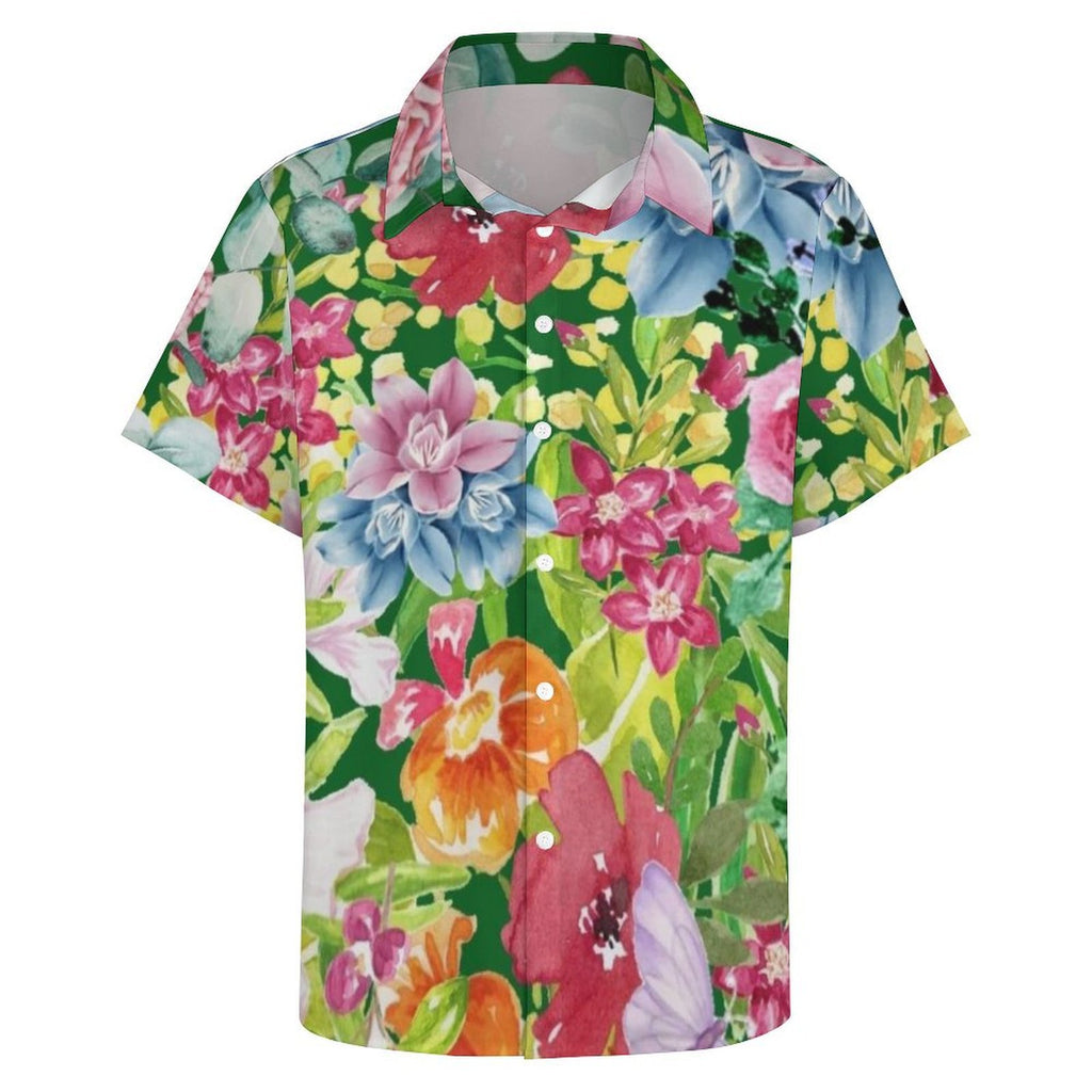 Bright Floral Women's Collared Pocketless Short Sleeve Shirt