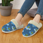 Cute Aliens in UFOs Women's Fur Trim Thick-Sole Indoor Slippers Women's Fur Trimmed Slippers Printed Offshore Sci Fi