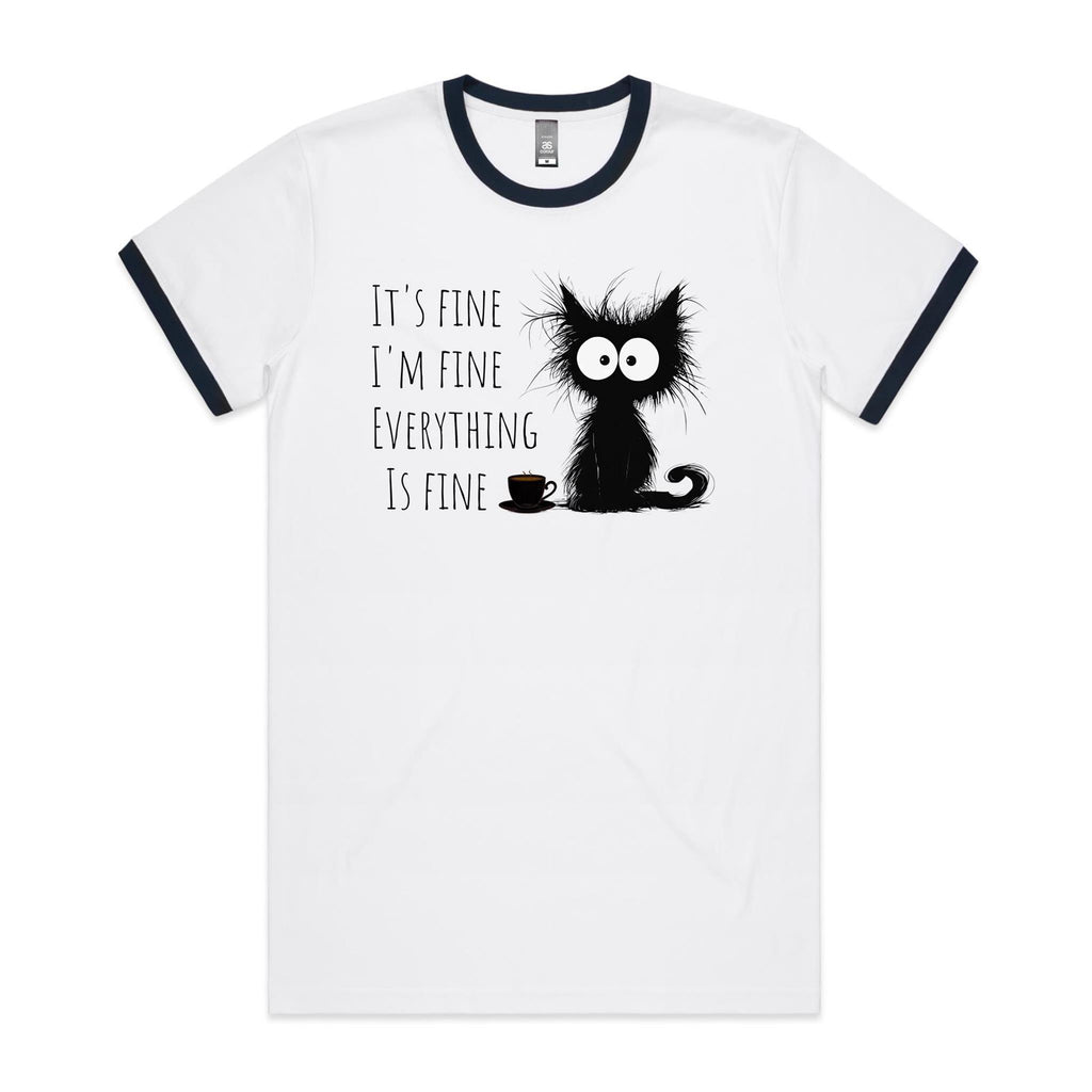 It's Fine, I'm Fine, Frazzled Cat - Ringer Tee White Navy Ringer T-Shirt animal Printed In Australia