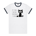 It's Fine, I'm Fine, Frazzled Cat - Ringer Tee White Navy Ringer T-Shirt animal Printed In Australia