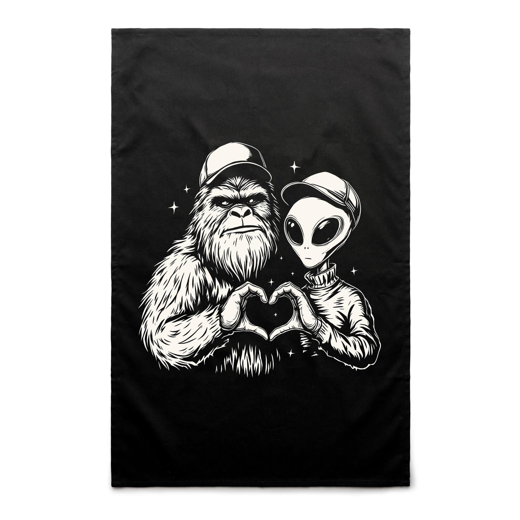 Alien Bigfoot Heart Hands - AS Colour Tea Towel Default Title Tea Towel Love Printed In Australia Sci Fi