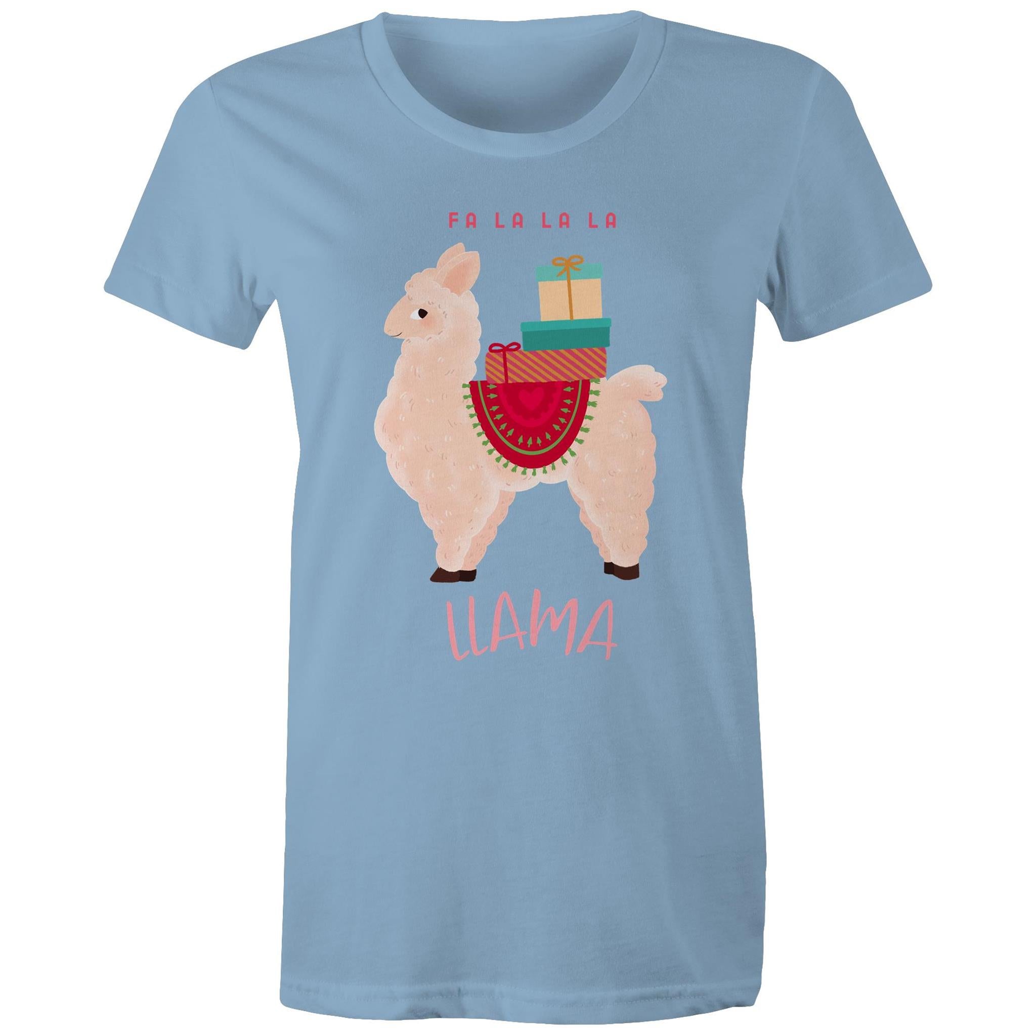 Fa La La La Llama, Christmas - Womens T-shirt Carolina Blue Womens Christmas T-shirt Christmas Printed In Australia