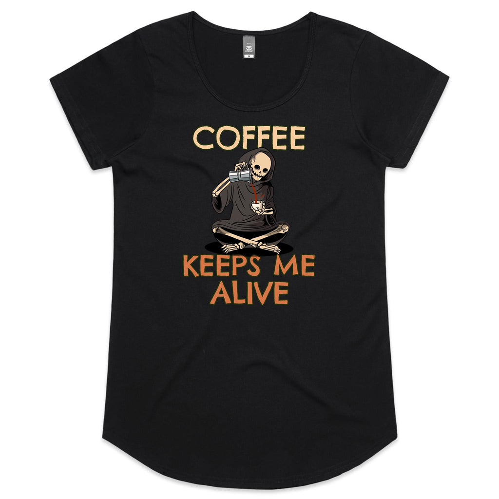 Coffee Keeps Me Alive - Womens Scoop Neck T-Shirt Black Womens Scoop Neck T-shirt Coffee Printed In Australia