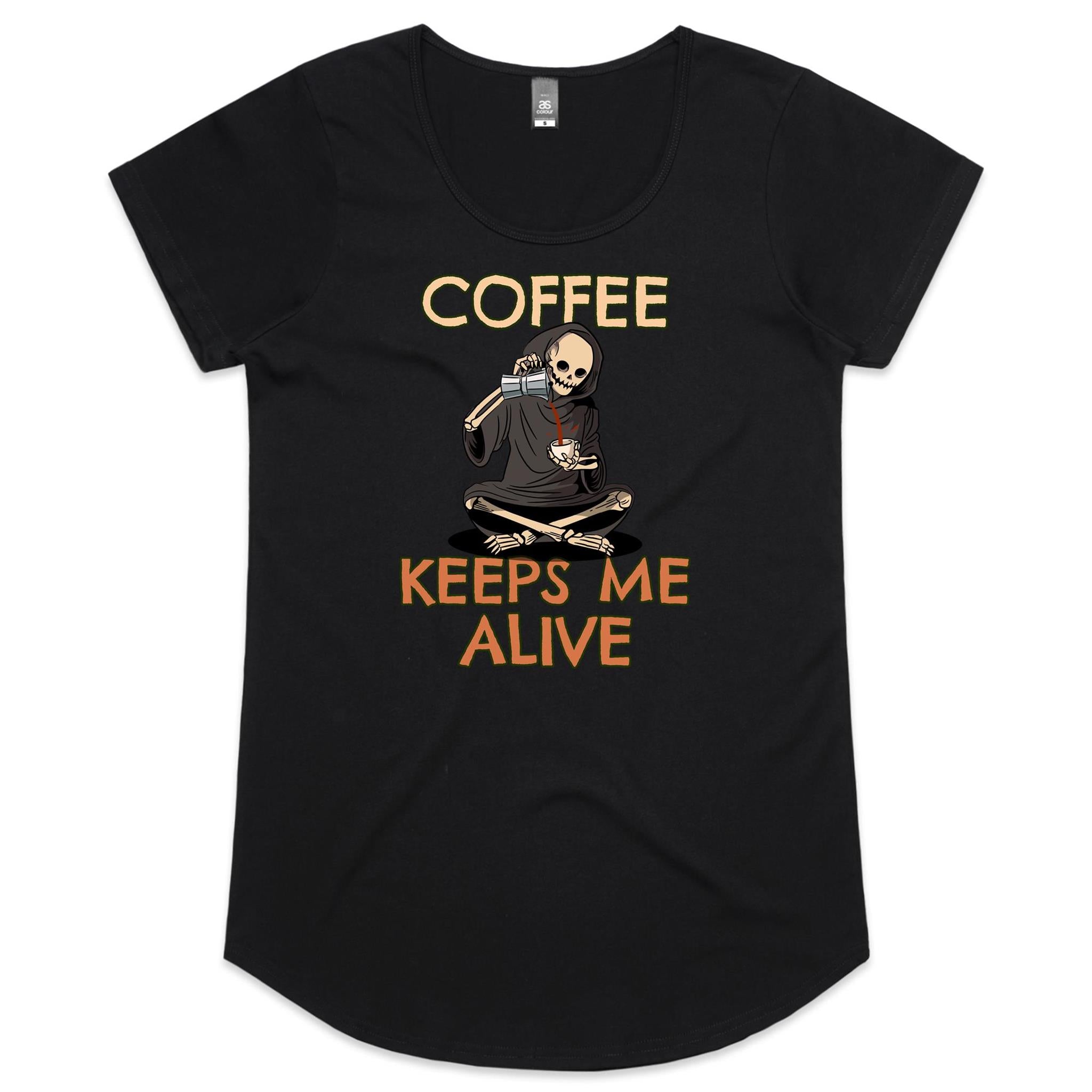 Coffee Keeps Me Alive - Womens Scoop Neck T-Shirt Black Womens Scoop Neck T-shirt Coffee Printed In Australia
