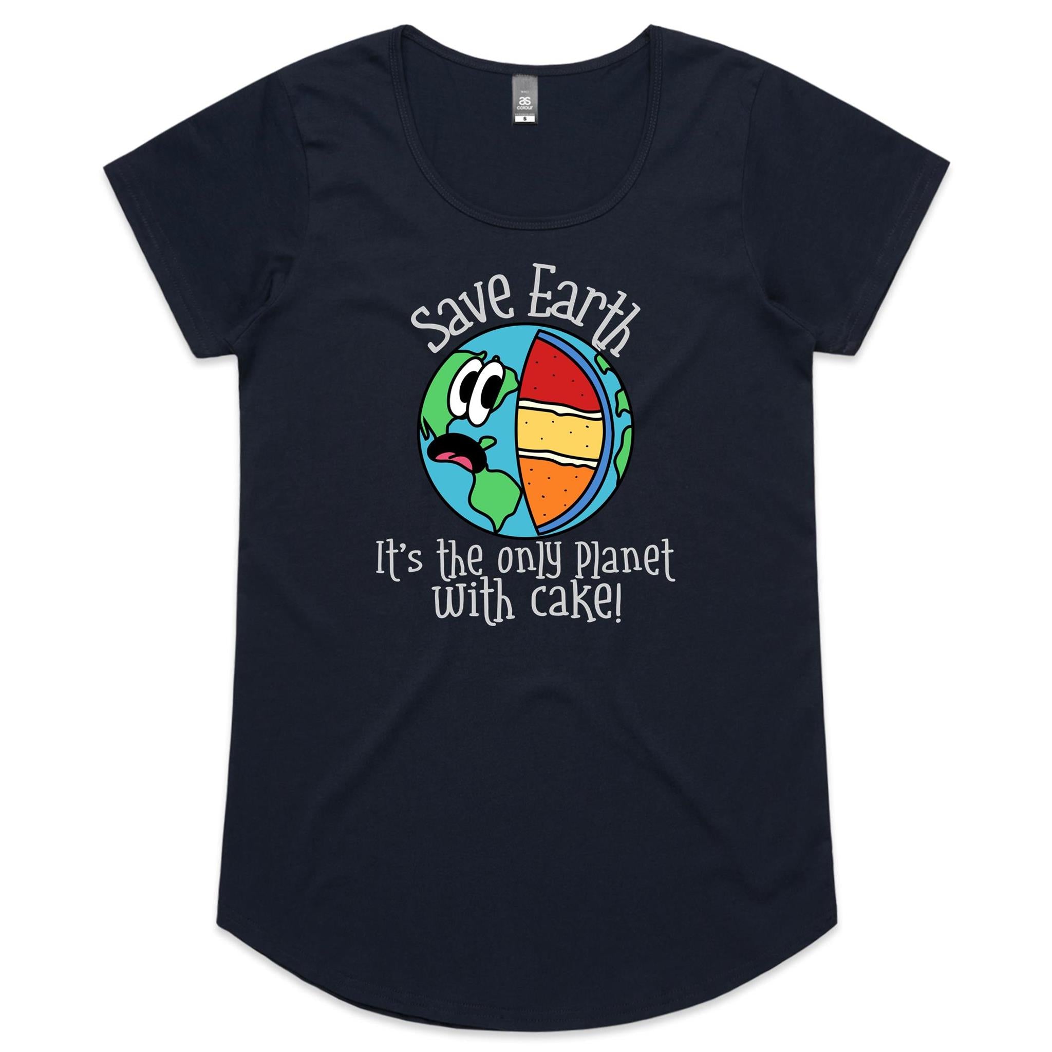 Save Earth, It's The Only Planet With Cake - Womens Scoop Neck T-Shirt Navy Womens Scoop Neck T-shirt Environment Food Printed In Australia