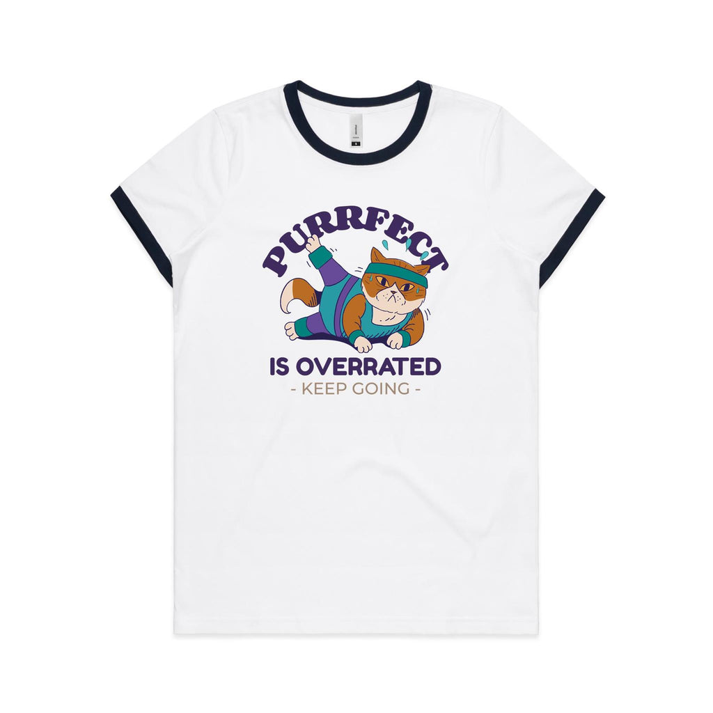 Purrfect Is Overrated, Fitness Cat - Women's Ringer Tee White Navy Womens Ringer T-shirt Fitness Printed In Australia