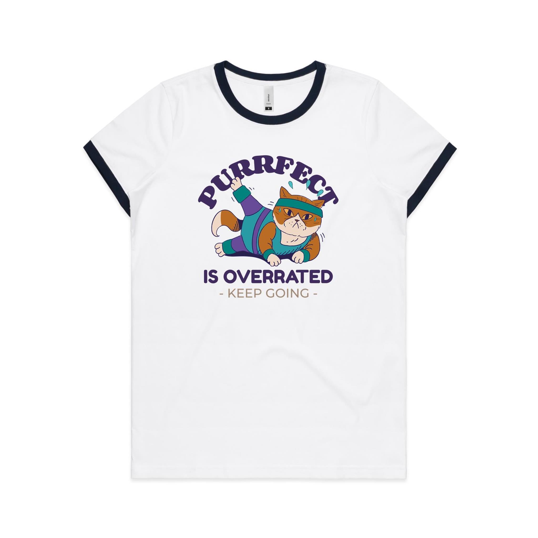 Purrfect Is Overrated, Fitness Cat - Women's Ringer Tee White Navy Womens Ringer T-shirt Fitness Printed In Australia
