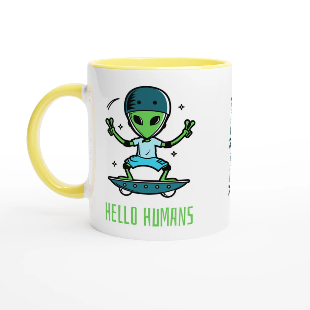 Personalised - Hello Humans - White 11oz Ceramic Mug with Colour Inside Ceramic Yellow Personalised 11oz Mug customise Globally Fulfilled personalise Sci Fi