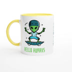 Personalised - Hello Humans - White 11oz Ceramic Mug with Colour Inside Ceramic Yellow Personalised 11oz Mug customise Globally Fulfilled personalise Sci Fi