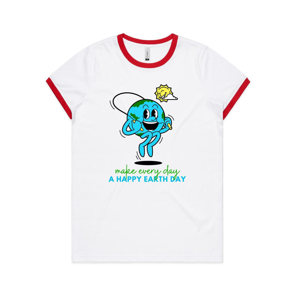 Make Every Day A Happy Earth Day - Women's Ringer Tee White Red Womens Ringer T-shirt Environment Printed In Australia