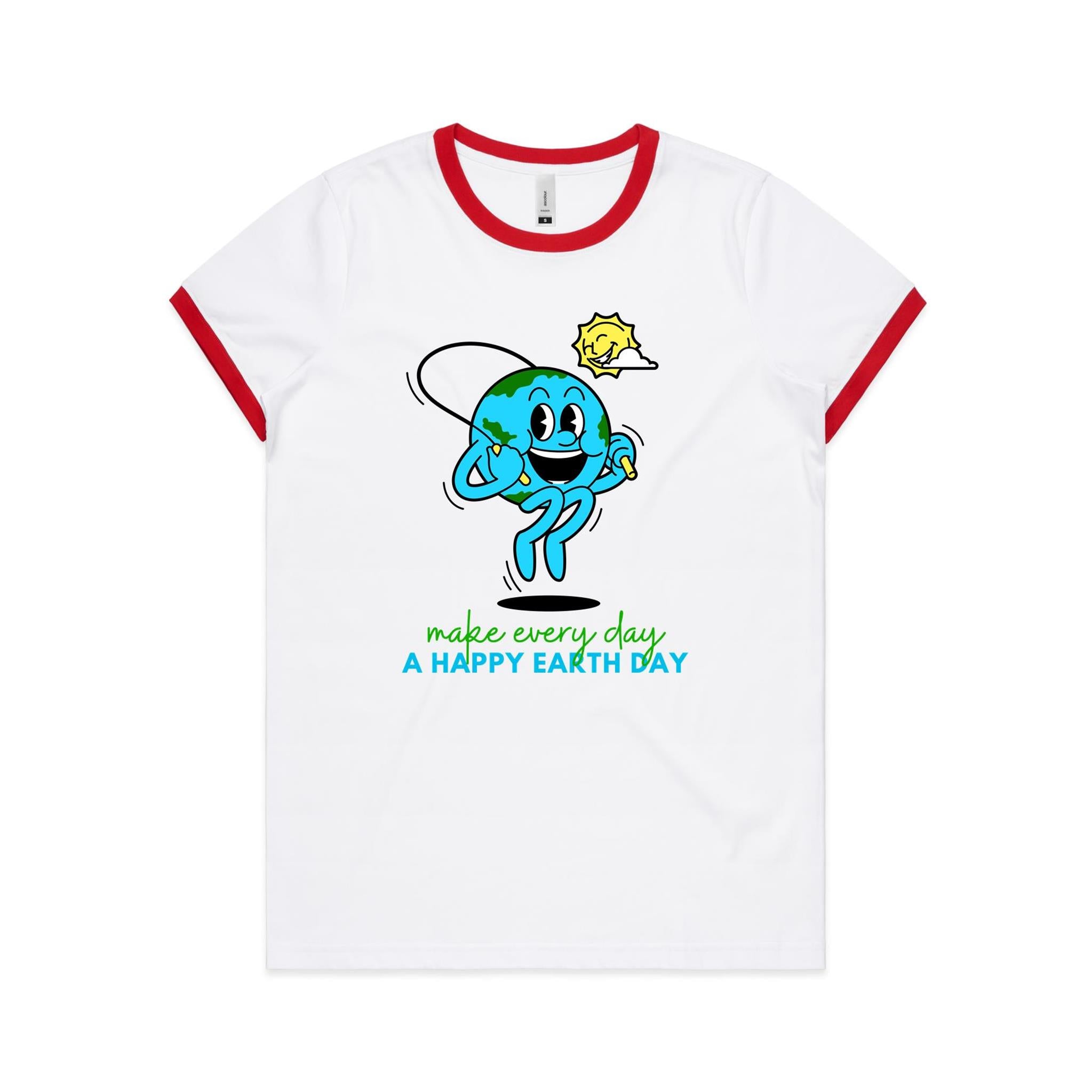 Make Every Day A Happy Earth Day - Women's Ringer Tee White Red Womens Ringer T-shirt Environment Printed In Australia