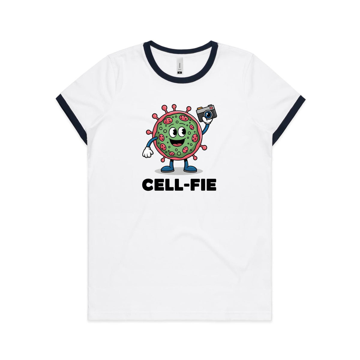Cell-fie Cell Selfie AS Colour Women's Ringer Tee White Navy Womens Ringer T-shirt Printed In Australia Science