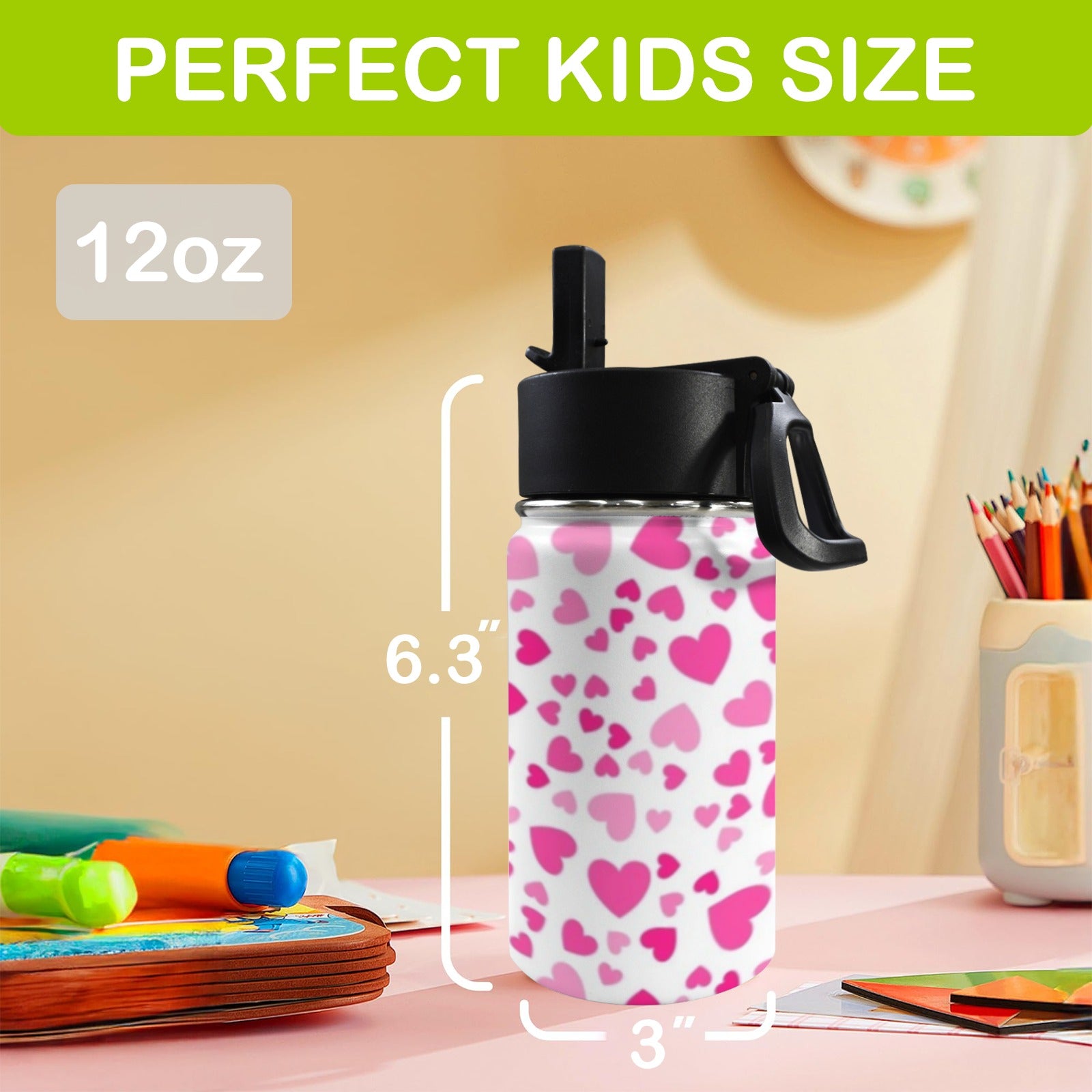 Pink Hearts On White 12oz Kids Water Bottle with Straw Lid