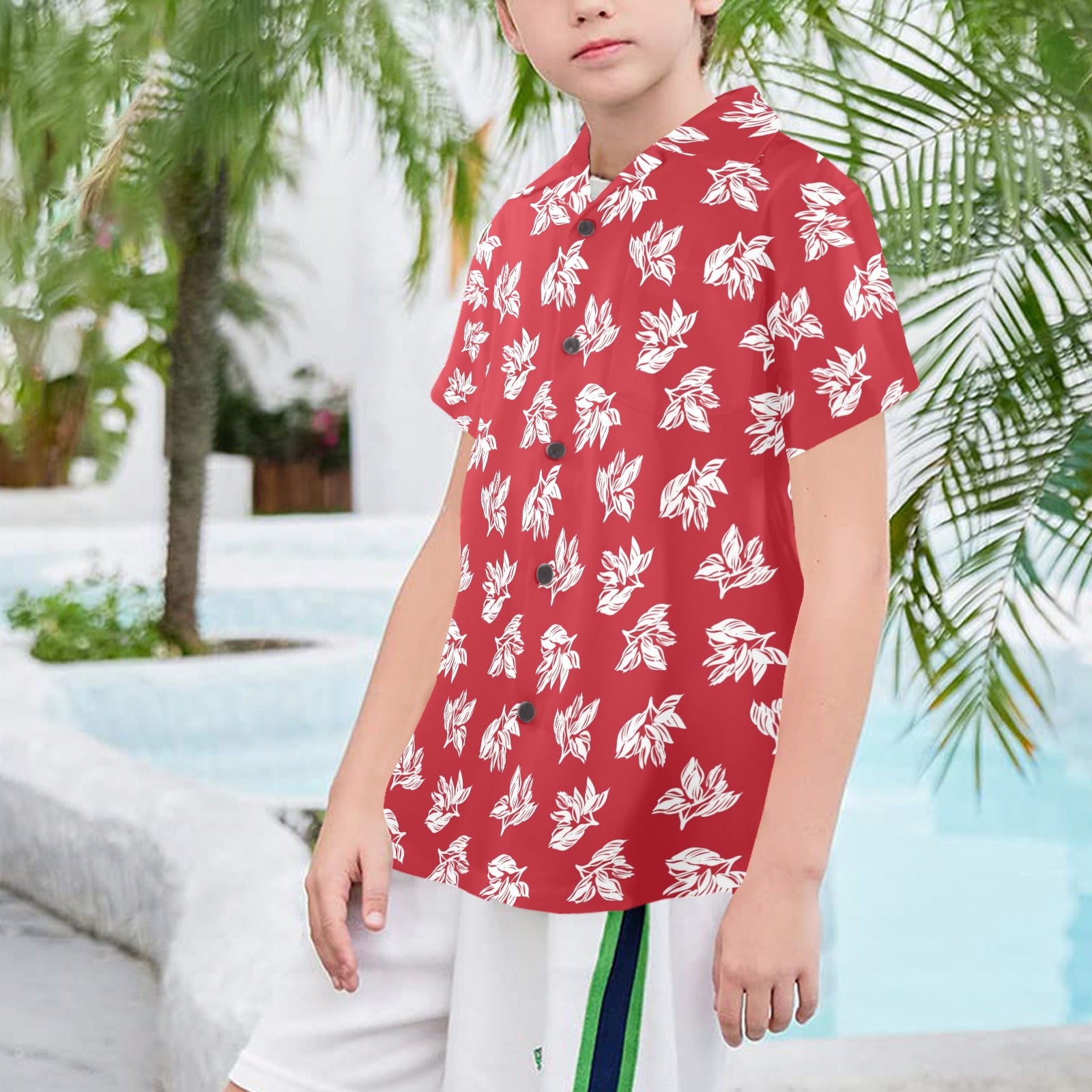 Red Retro Foliage, Hawaiian Flower Senior Kids Hawaiian Shirt Senior Kids Hawaiian Shirt 8-15 Printed Offshore Surf