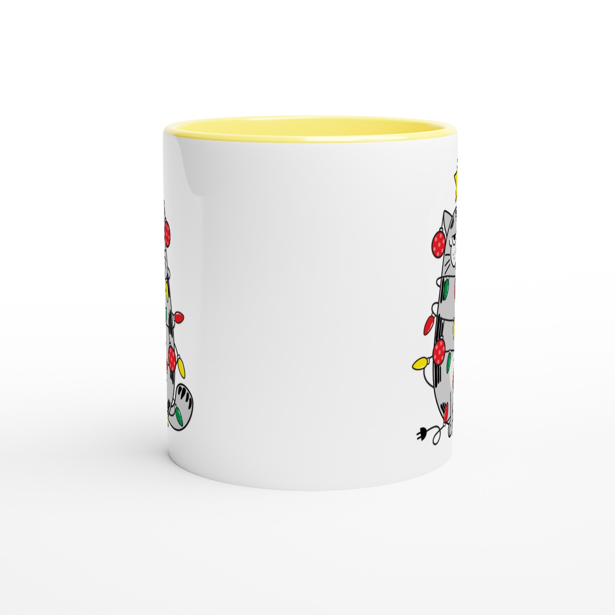 Christmas Cat - White 11oz Ceramic Mug with Colour Inside Christmas Colour Mug Christmas Globally Fulfilled