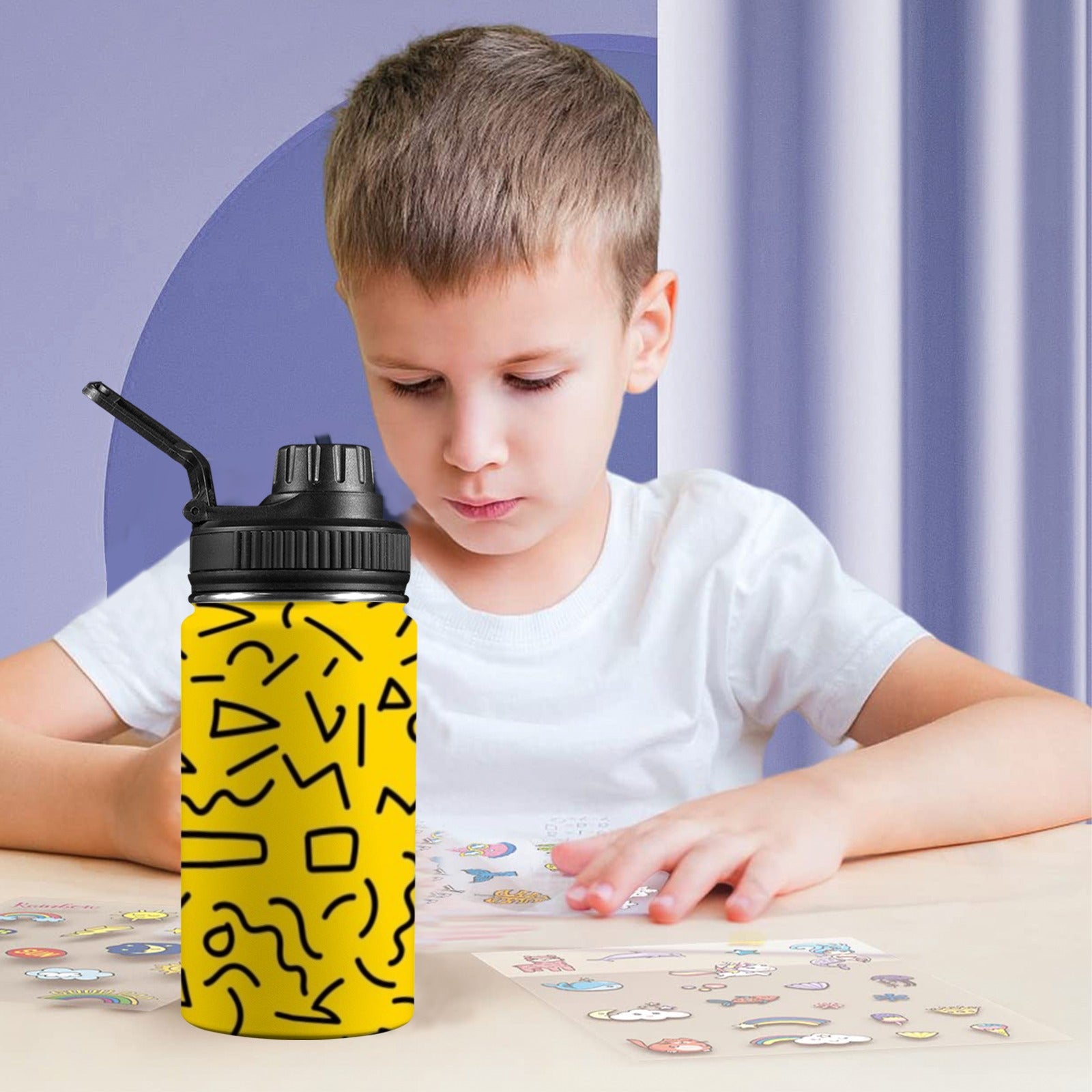 Black Squiggle On Yellow - Kids Water Bottle with Chug Lid (12 oz)
