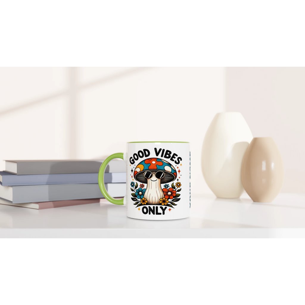 Personalised Good Vibes Only, Hippie Mushroom With Sunglasses 11oz Ceramic Mug Personalised 11oz Mug Globally Fulfilled Positivity