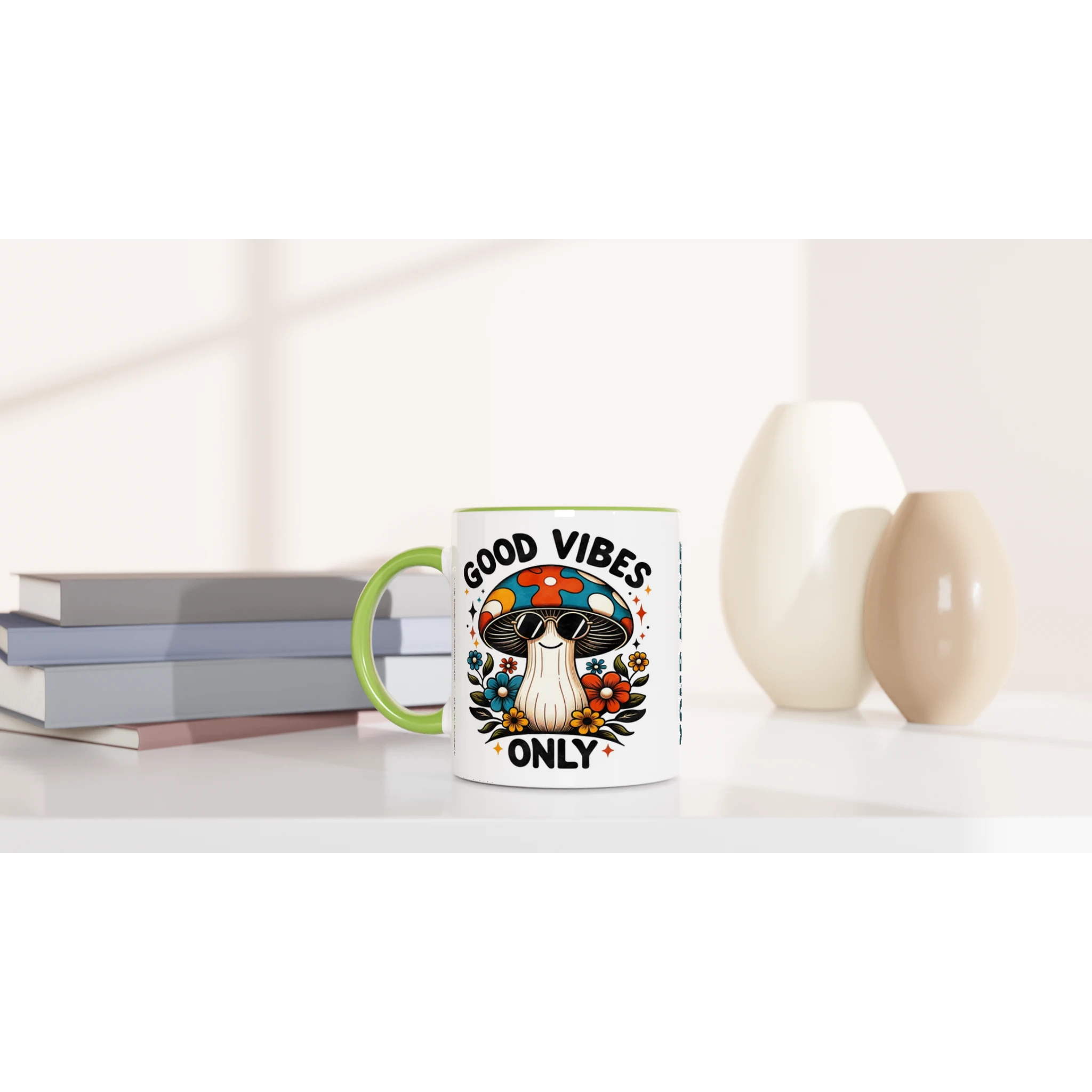 Personalised Good Vibes Only, Hippie Mushroom With Sunglasses 11oz Ceramic Mug Personalised 11oz Mug Globally Fulfilled Positivity