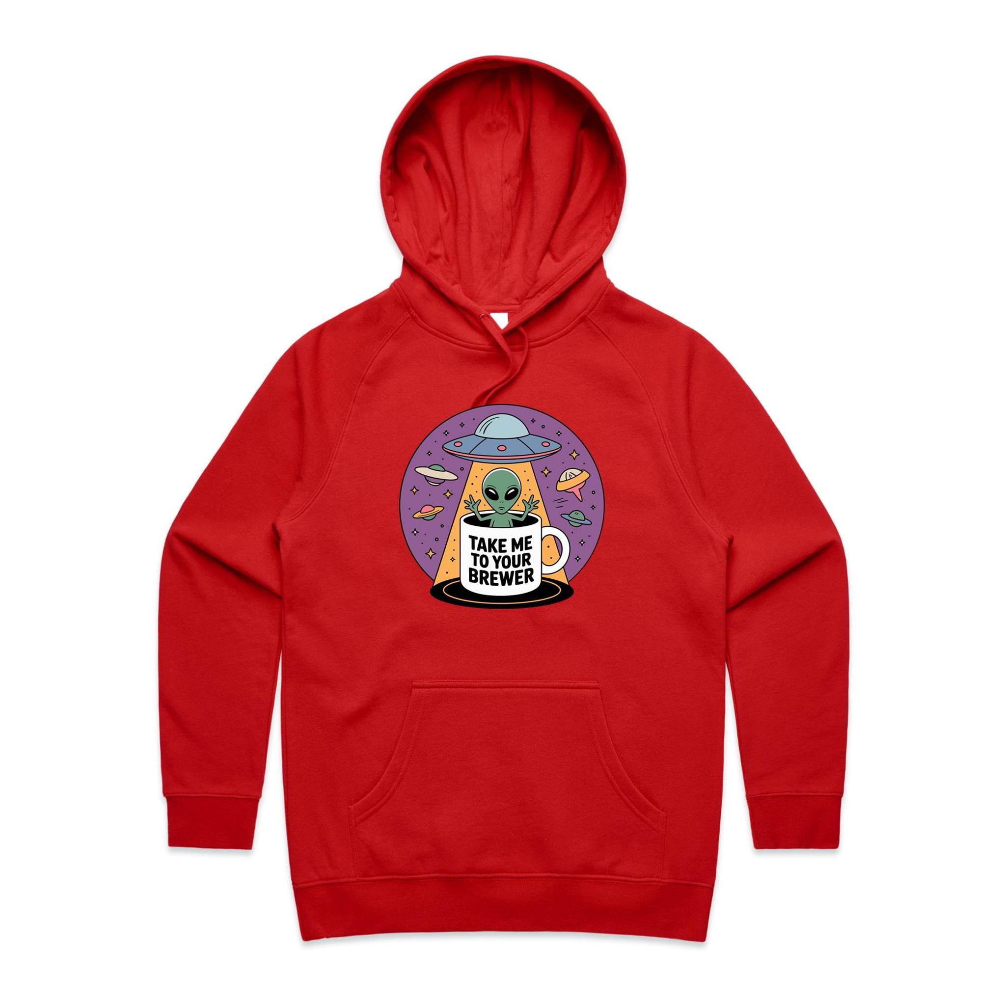Coffee, Alien, UFO, Take Me To Your Brewer Women's AS Colour Hoodie Red Womens Hoodie Coffee Printed In Australia Sci Fi