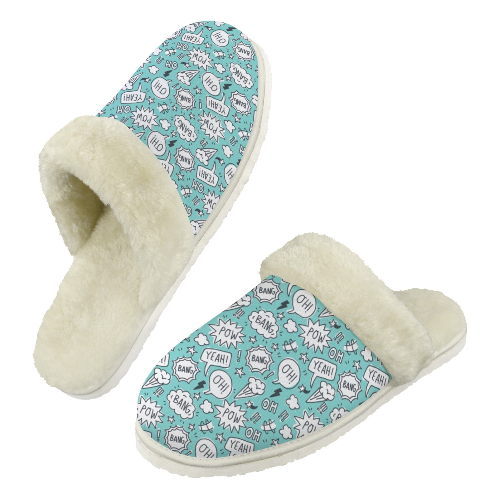 Comic Book Speech Bubbles Men's Fur Trim Thick-Sole Indoor Slippers 2XL Men's Fur Trimmed Slippers comic Printed Offshore