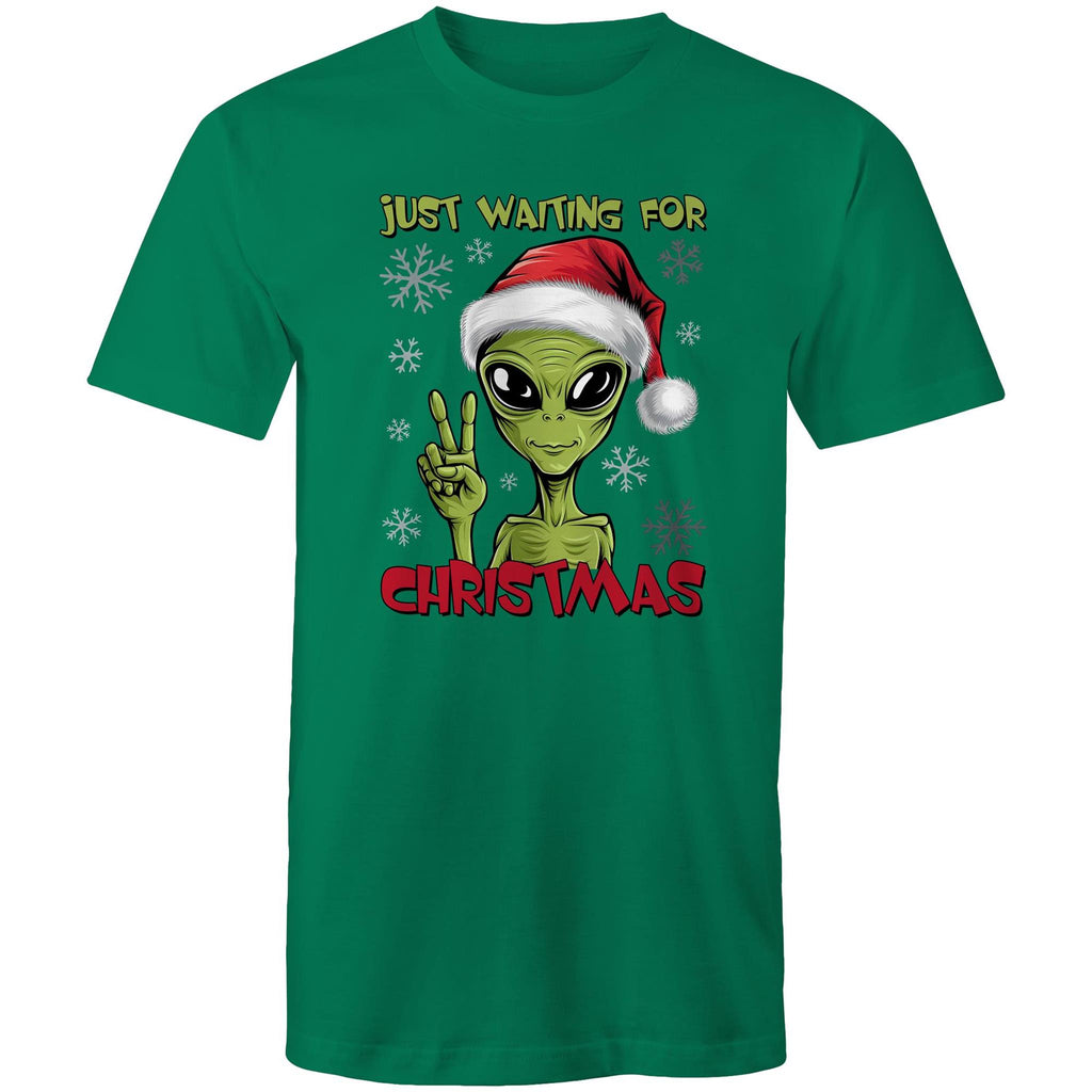 Just Waiting For Christmas, Alien - Mens T-Shirt Kelly Green Mens Christmas T-shirt Christmas Printed In Australia