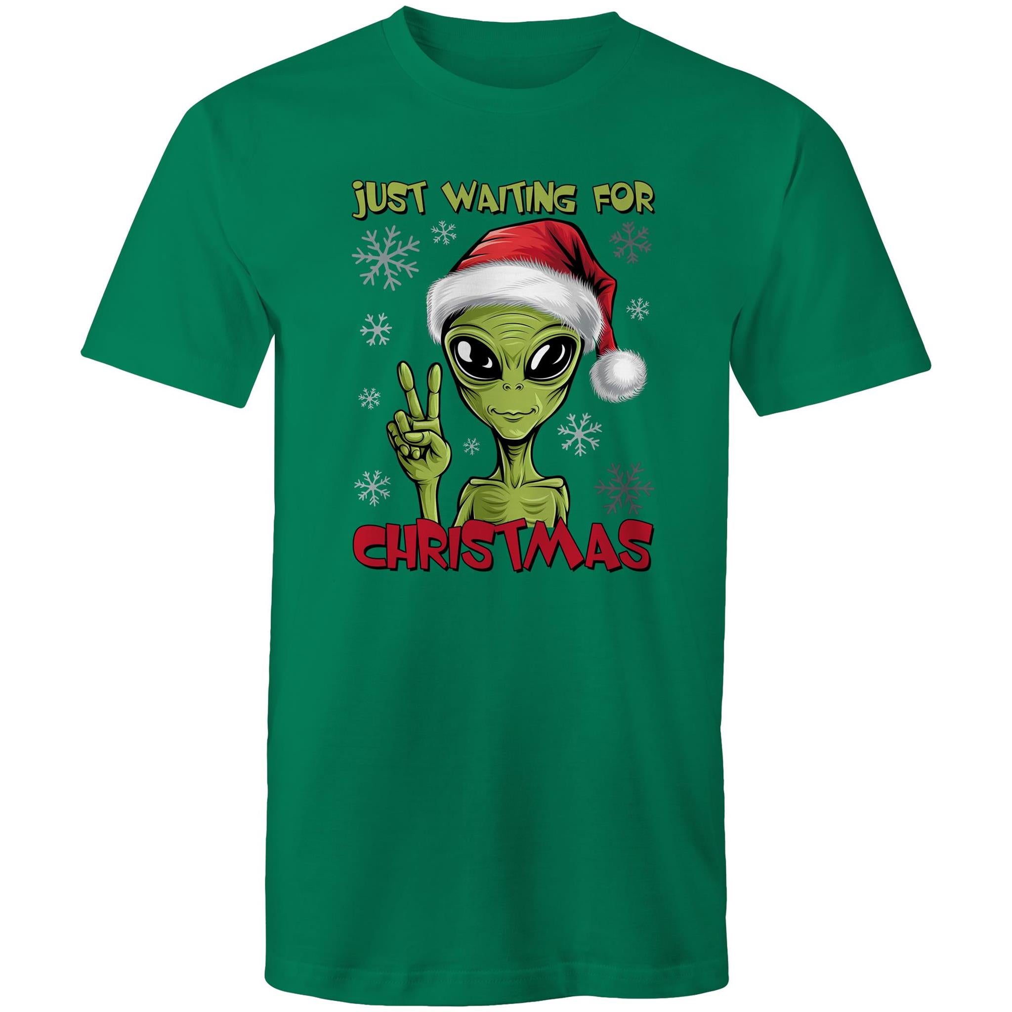 Just Waiting For Christmas, Alien - Mens T-Shirt Kelly Green Mens Christmas T-shirt Christmas Printed In Australia