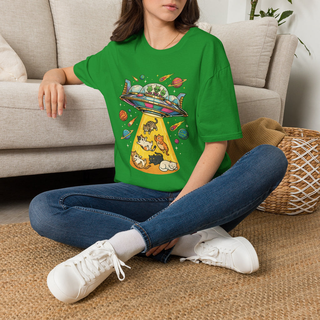 UFO Cat Abduction Unisex T-Shirt Irish Green Unisex Adult T-shirt animal Globally Fulfilled Sci Fi