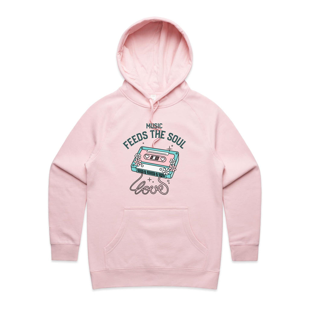 Music Feeds The Soul, Cassette Tape - Womens Hoodie Pink Womens Hoodie Music Printed In Australia