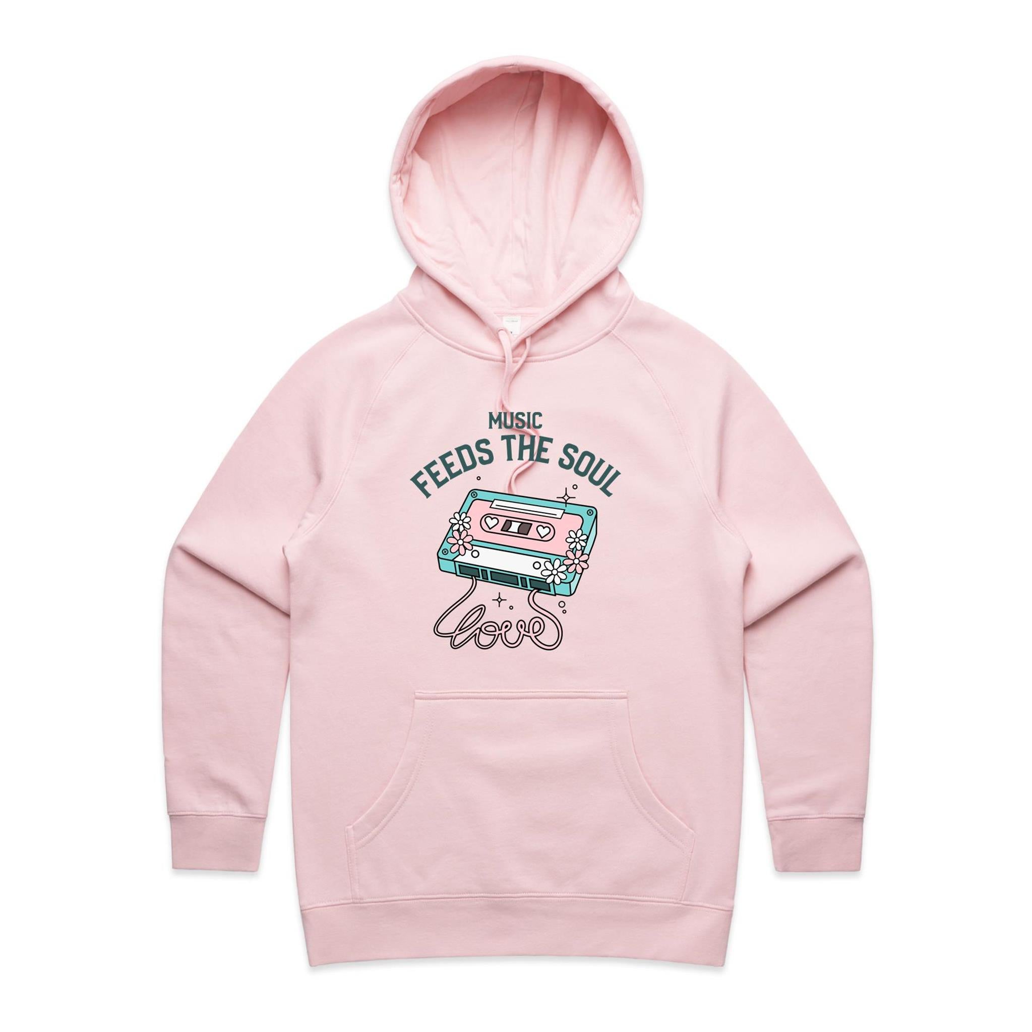 Music Feeds The Soul, Cassette Tape - Womens Hoodie Pink Womens Hoodie Music Printed In Australia