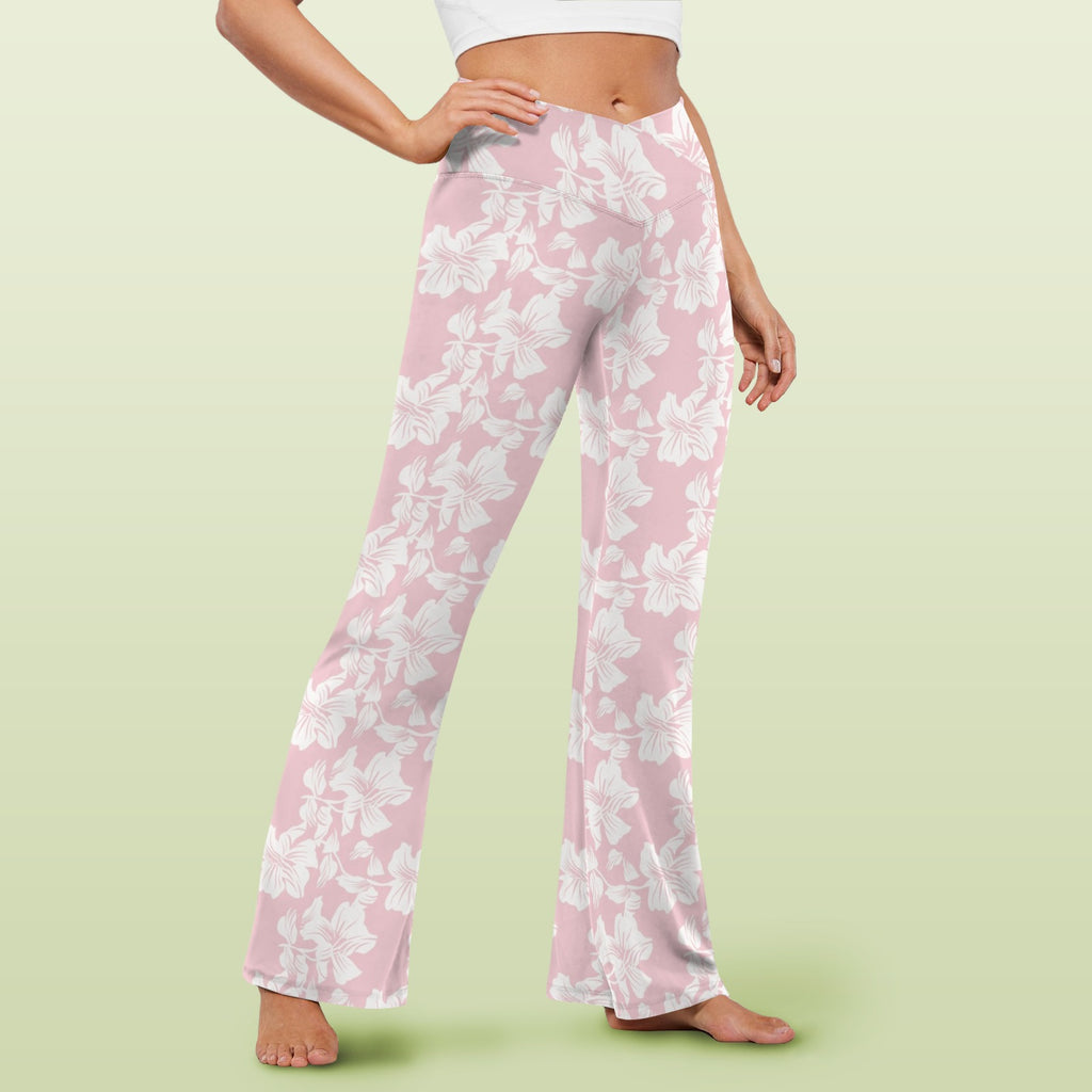 Pink Hawaiian Floral High Waist Crossover Tummy Control Flare Leggings High Waist Flare Leggings Plants Printed Offshore