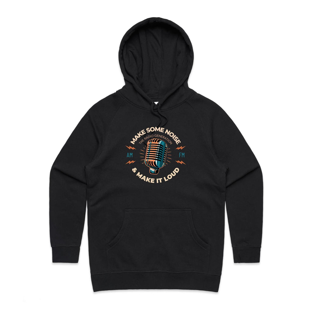 Make Some Noise, Retro Microphone - Womens Hoodie Black Womens Hoodie Music Printed In Australia Retro