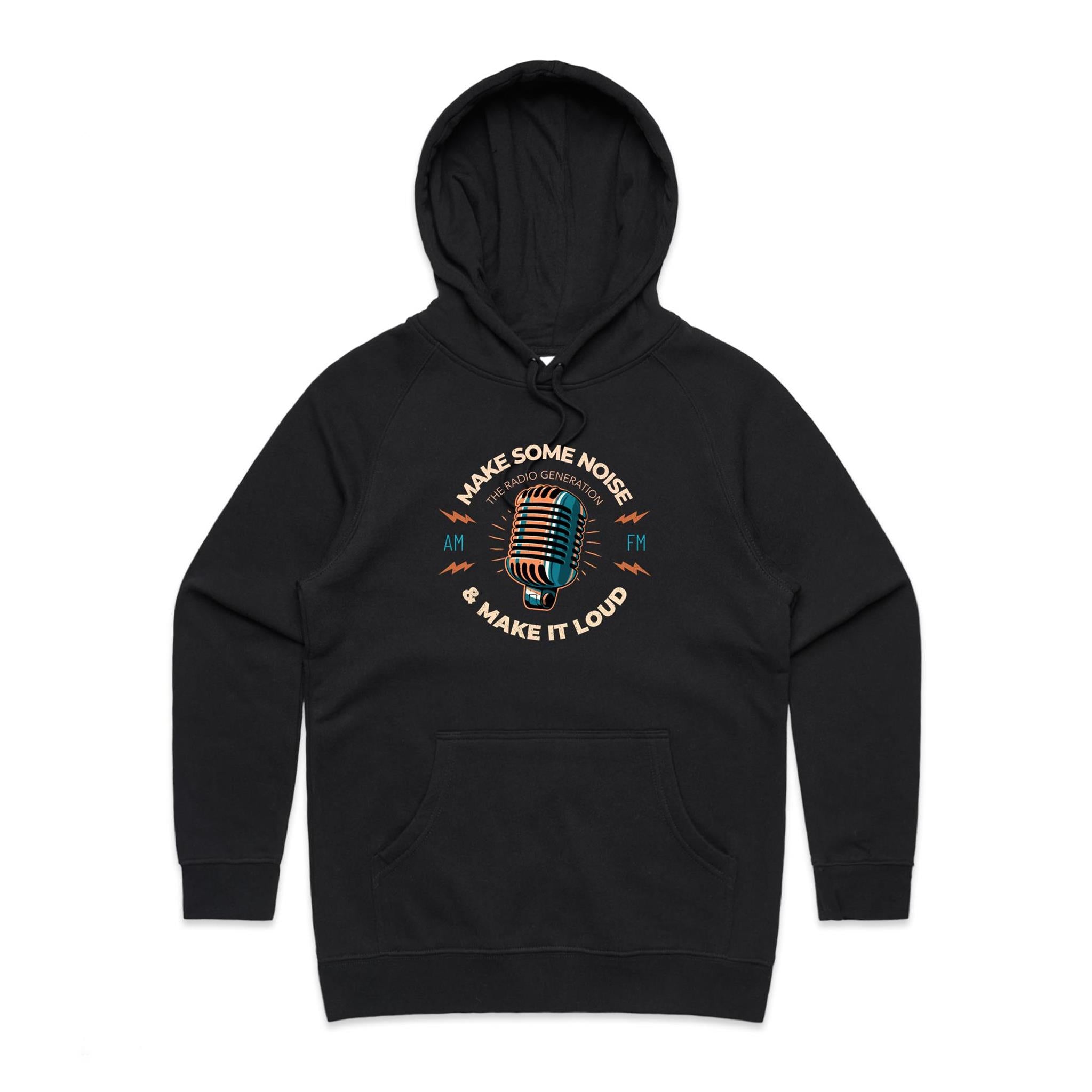 Make Some Noise, Retro Microphone - Womens Hoodie Black Womens Hoodie Music Printed In Australia Retro
