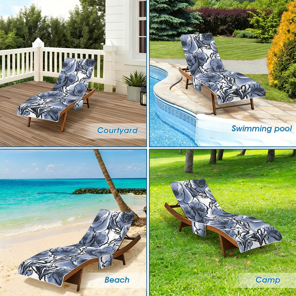 Blue And White Floral Beach Chair Towel Cover with Side Pockets