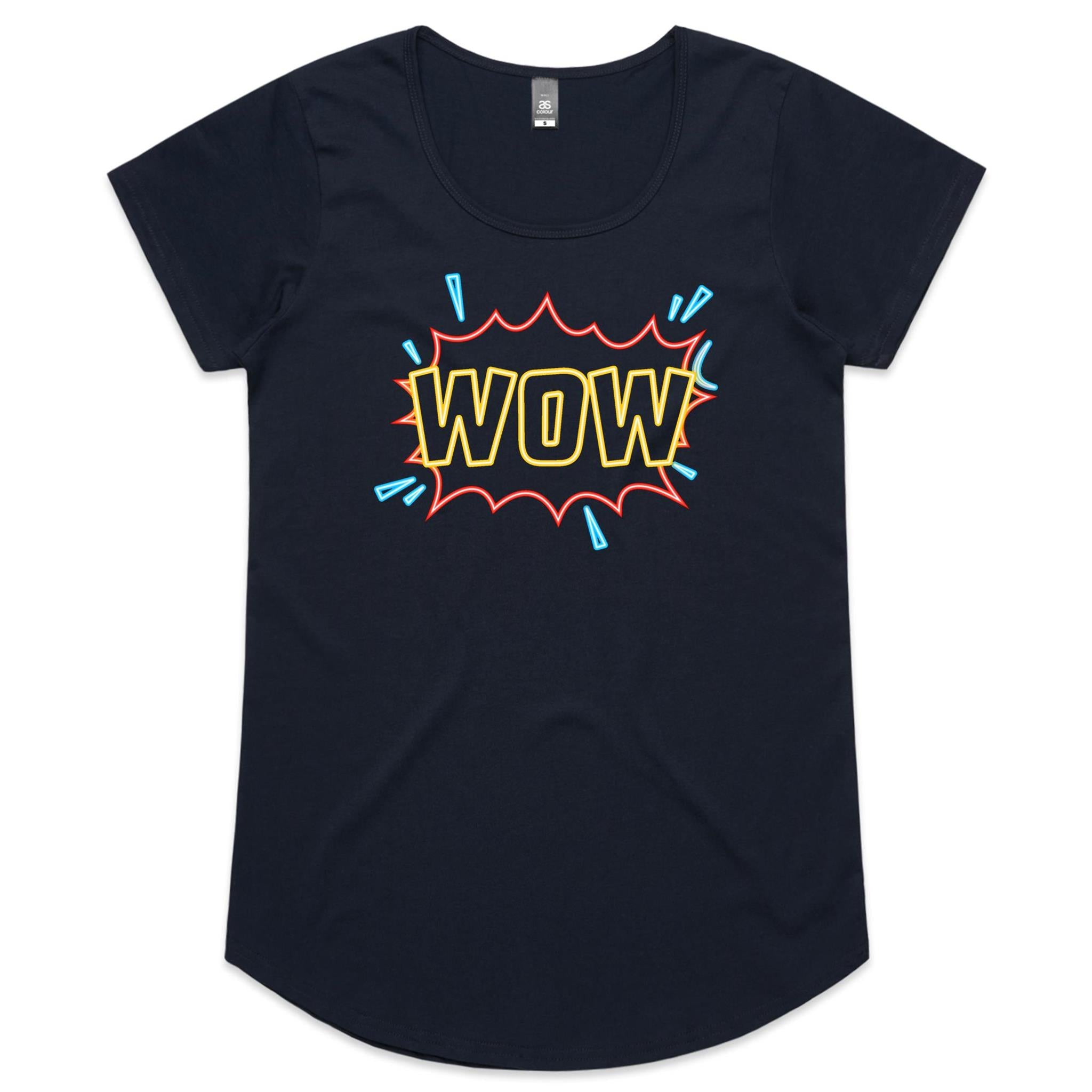 Wow, Comic Book - Womens Scoop Neck T-Shirt Navy Womens Scoop Neck T-shirt comic Printed In Australia