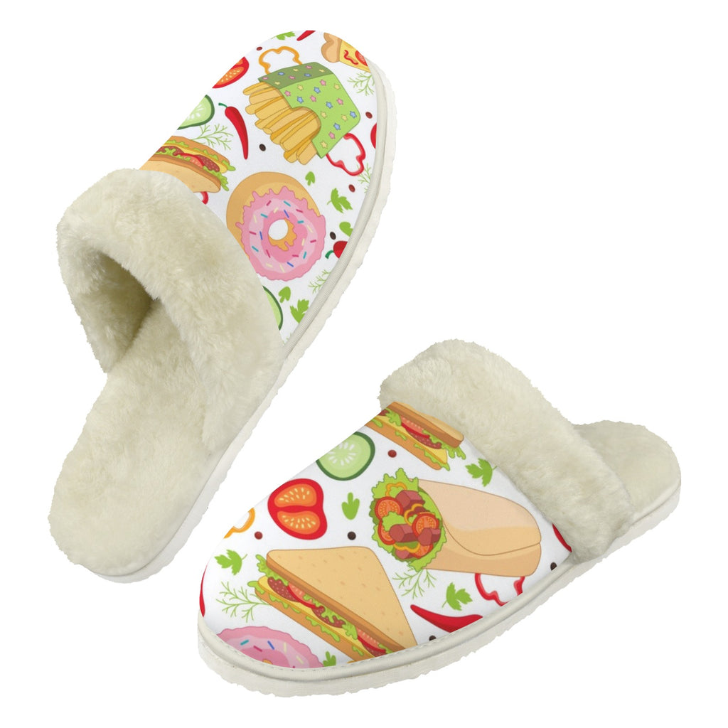 Food Love Men's Fur Trim Thick-Sole Indoor Slippers 2XL Men's Fur Trimmed Slippers Food Printed Offshore