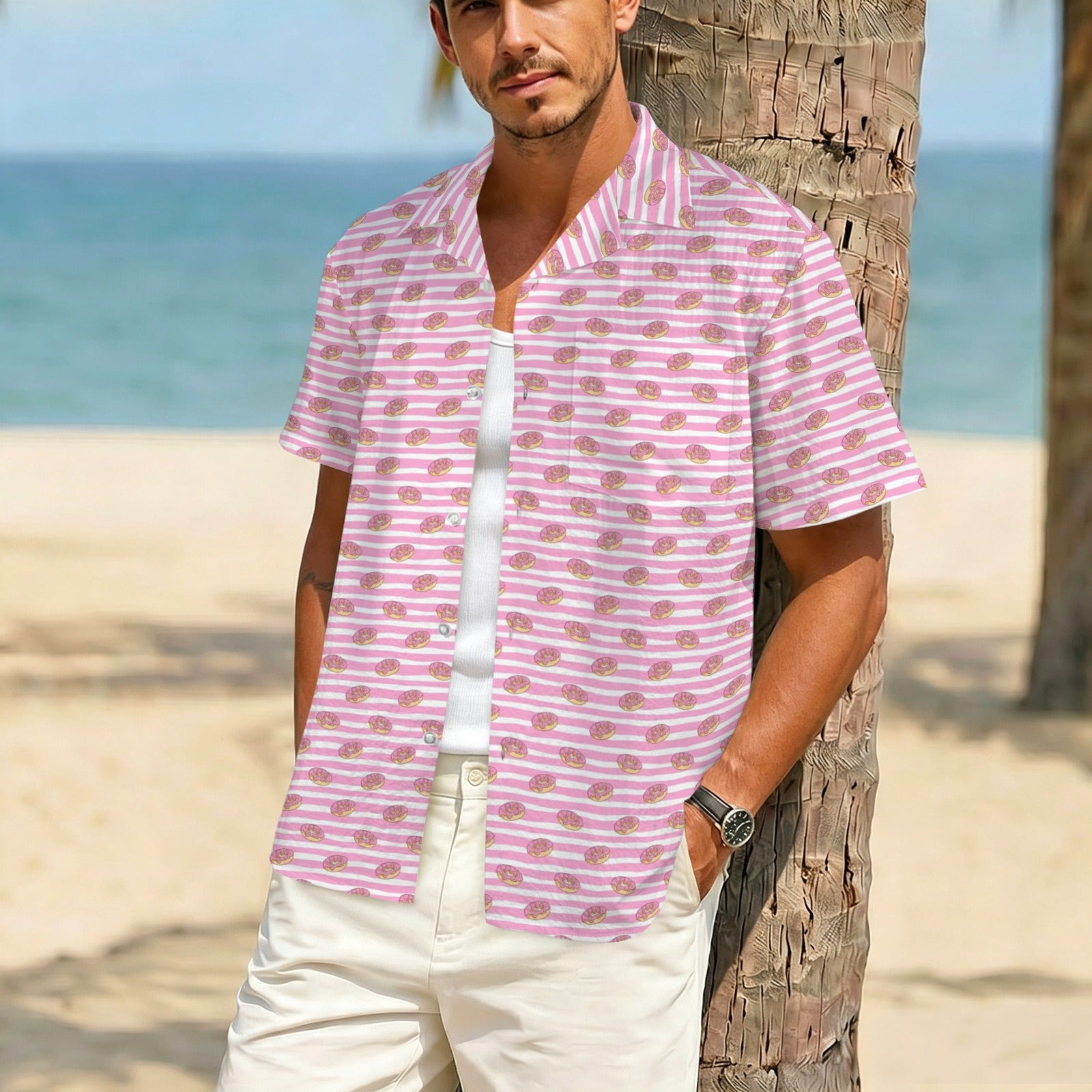 Pink Donut Stripes Men's Crinkle Hawaiian Shirt