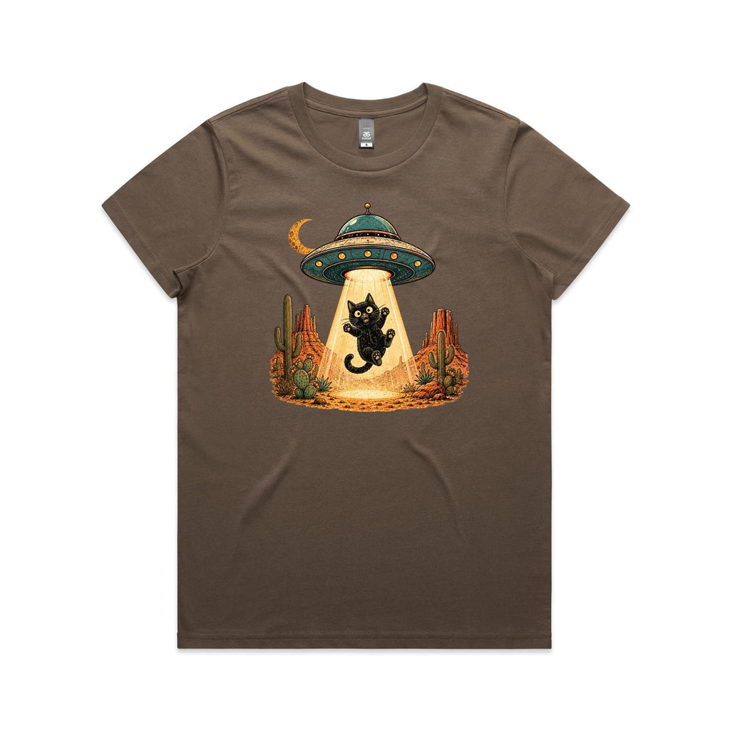 Black Cat Alien UFO Abduction Women's AS Colour T-shirt Walnut Womens T-shirt animal Printed In Australia Sci Fi